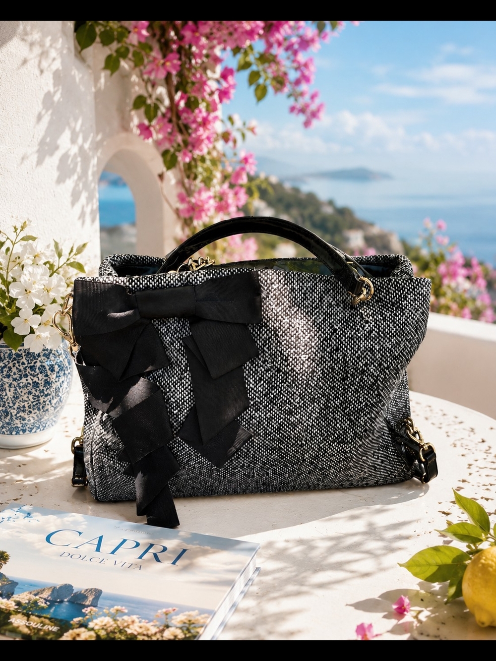 Kate Spade Woven Black Bow-Accent Tote Bag